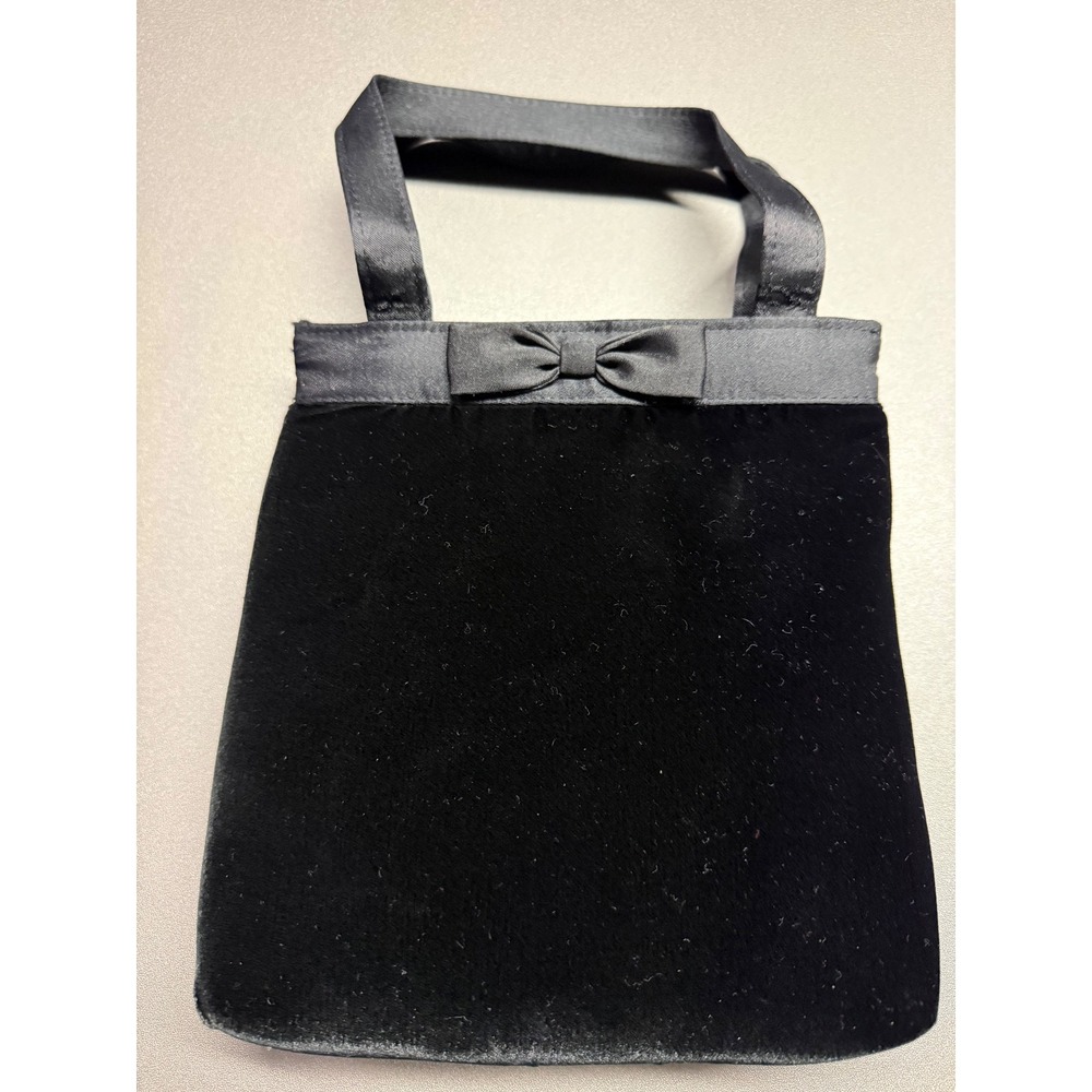 Black Velvet Evening Bag Satin Bow Trim Formal Cocktail Handbag Magnetic Closure - Picture 2 of 5